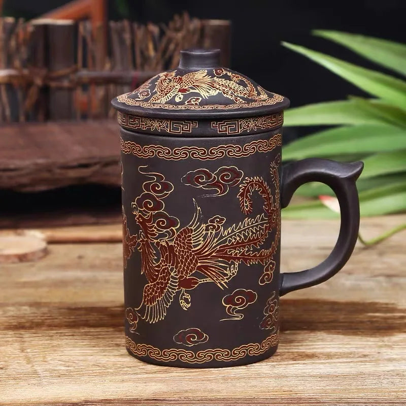 Handmade Dragon Beauty Purple Clay Tea Mug with Lid and Infuser, Ceramic Water Mug, Handmade Drinkware, Office Teacup