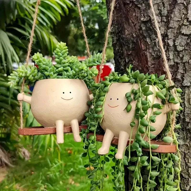 Cute light yellow swing small flower pot creative resin crafts living room study balcony home hanging unique decorative gift