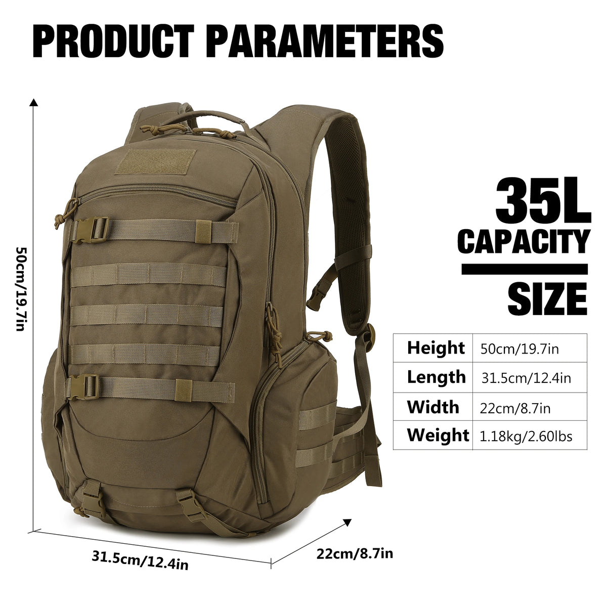 תרמיל טקטי של MardingTop עם כיסוי גשם 35L תיק יום לגברים טרקים לדיג ספורט קמפינג טיולים 600D פוליאסטר