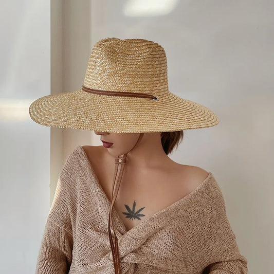 Ny 2024 Belt Strap Straw Sun Hat for Women Fashion Vacation Beach UV Hats Summer Wide Brim Travel Panama Hats Outdoor Wholesale
