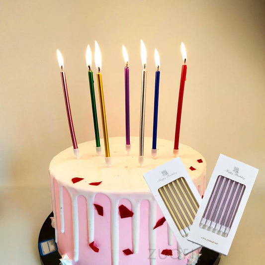 6 pezzi lunghi e sottili candele per torte metalliche candele di compleanno lunghe e sottili in portate per le decorazioni per torte per feste di nozze di compleanno