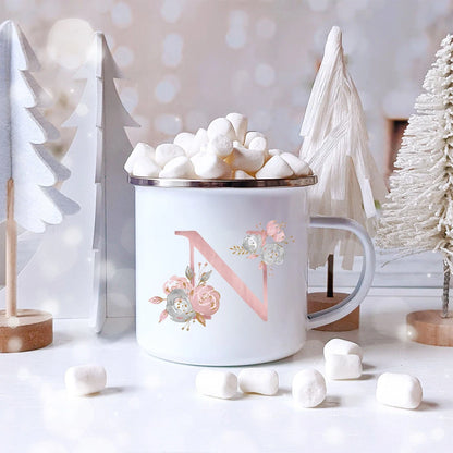 Pink Letter Flowers Enamel Coffee Mugs Bridal Party Creative Drinks Coffee Juice Milk Cups With Handle Water Mug Wedding Gifts