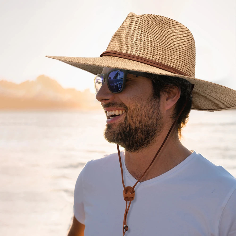 Nuovi donne Brim Donne uomini Panama Pagning Cappello con cinturino da sole Summer Garden Beach Sun Hat Upf 50+