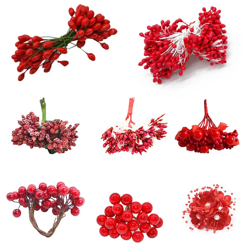Tema vermelho Flor artificial Cherry Stamen Burries Bundle DIY Diy Decoração de Casamento Bolo de Casamento Caixa de Presente Decoração de Natal Decoração