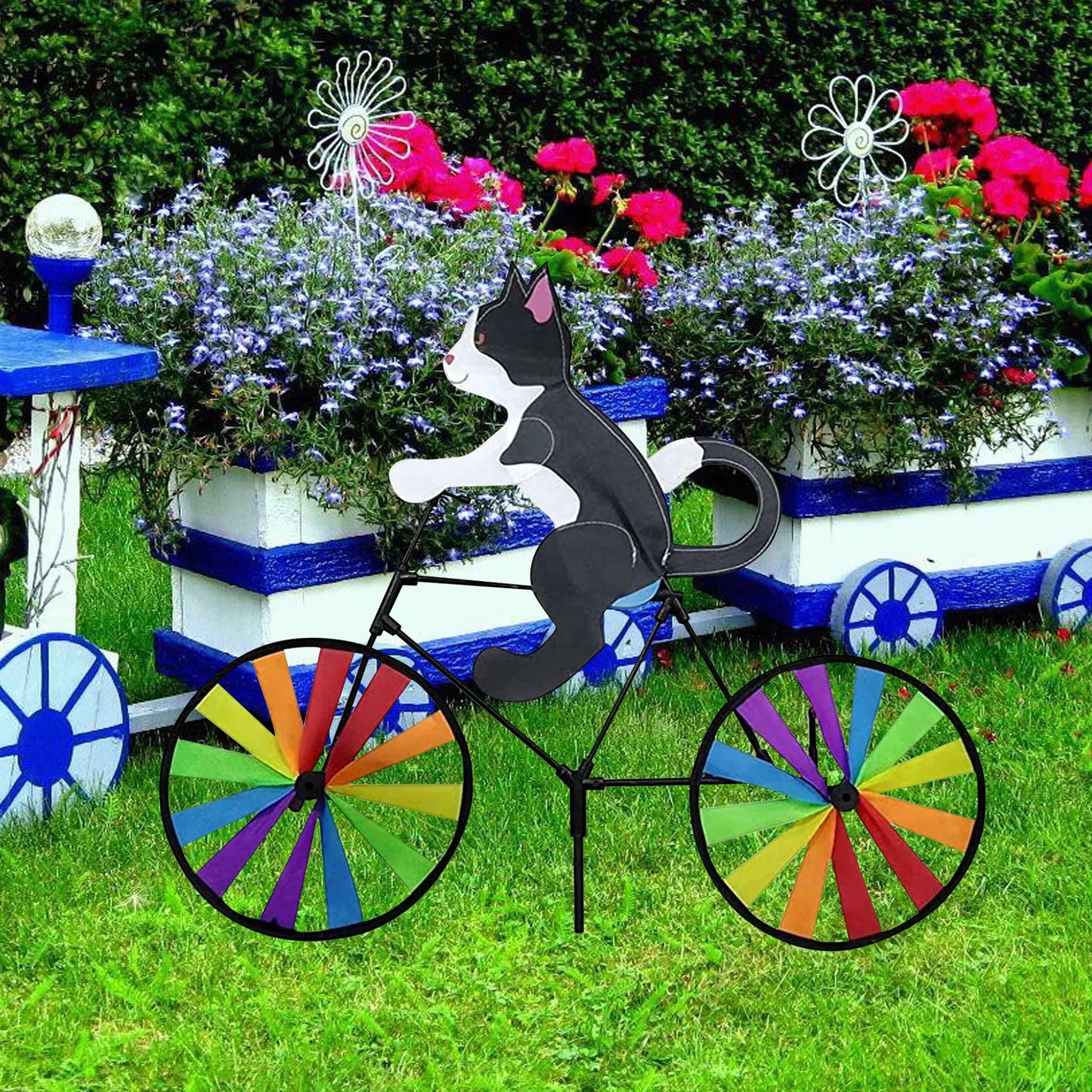 Animal Riding Bike Windmühle Innovative Cartoon Katzenhund Wind Spinner Hof Kunstdekoration Garten Ornament Wind tragbar