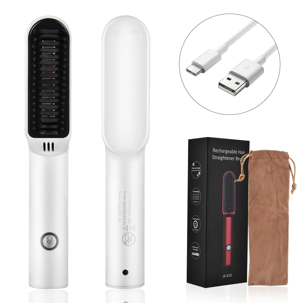 Cordless Hius suoristutin harja sähkökeraaminen kuuma kampa parran suoristaminen kuivausrumpu nopea lämmitys curler hiusrauta styleri työkalut