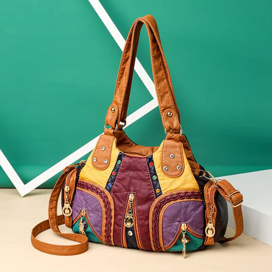 Mote skulderveske kvinnelig myk pu skinnhåndtak bag stor kapasitet crossbody veske vintage dame håndveske casul multikolorpose