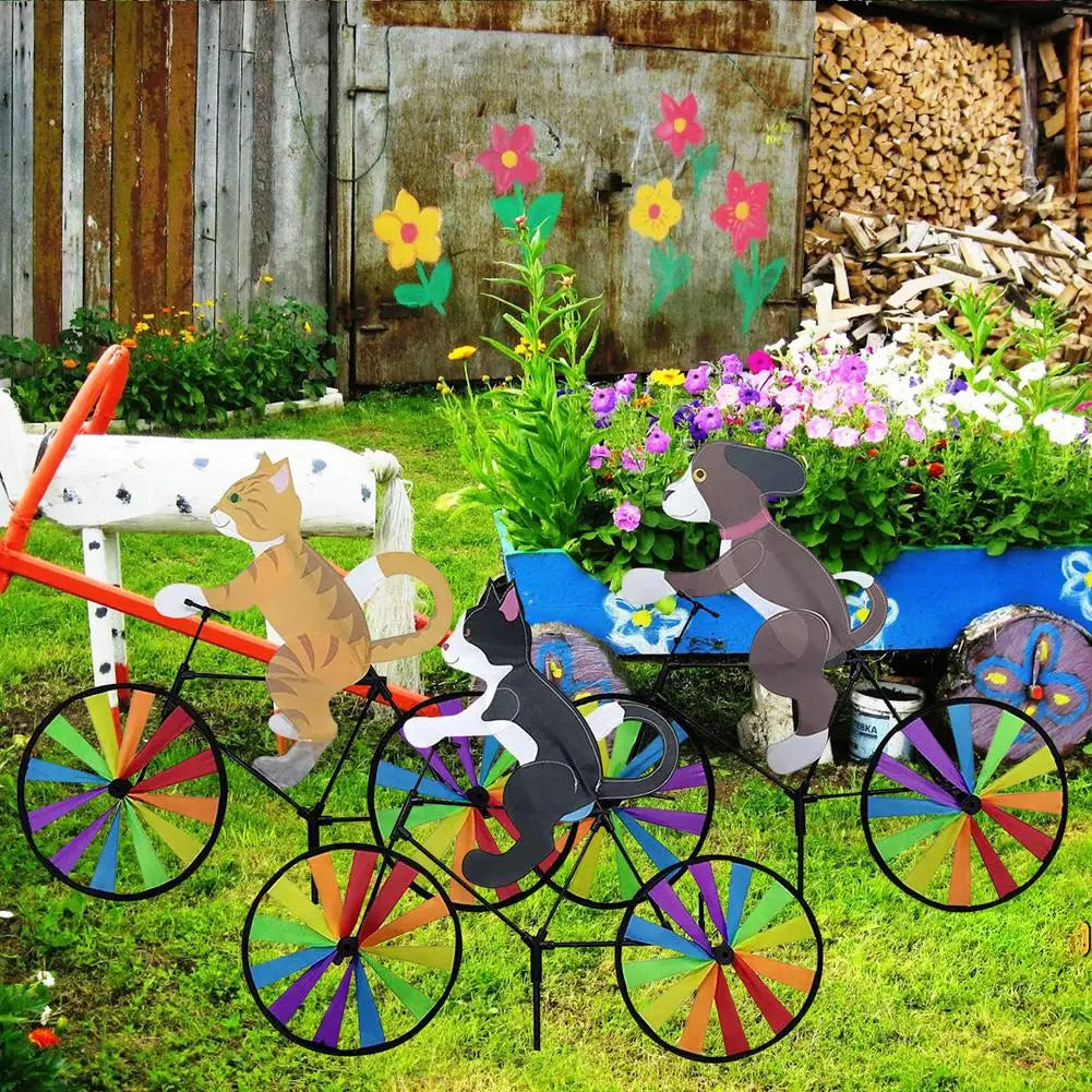 Animal Riding Bike Windmühle Innovative Cartoon Katzenhund Wind Spinner Hof Kunstdekoration Garten Ornament Wind tragbar
