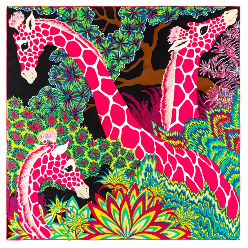 Eșarfă de mătase cu două mătase manual de mătase cu două girafe, eșarfe pătrate eșarpe echarpes foaards femme wrap bandana hijab 90cm