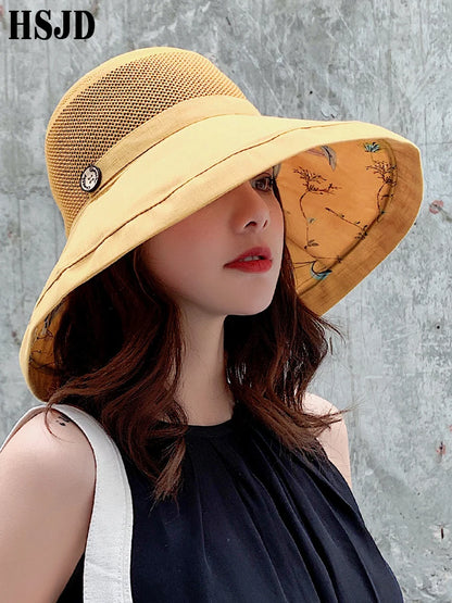 2019 Summer Summer Big Wide Brim Flower Sun klobouk pro ženy Mesh UV ochrana