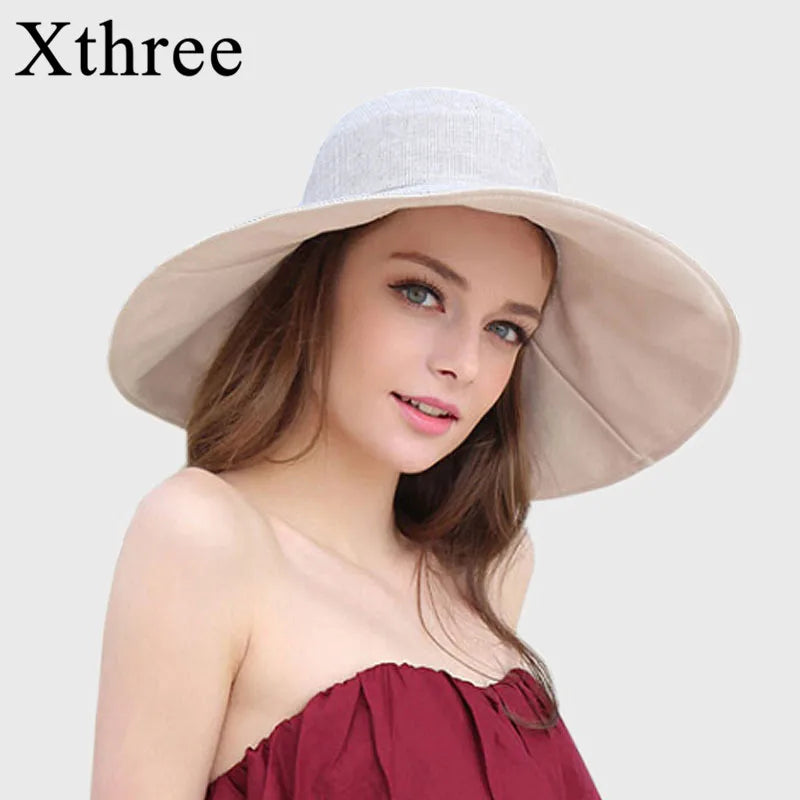 Xthree Sombrero de verano reversible para mujeres Gran algodón Algodón Lino Playa Capa del sol
