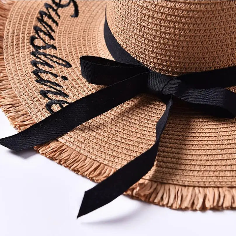 Håndlavet vævningsbrev Solhatte til kvinder sort bånd blonder op stor brimstrå hat udendørs strand hat sommerhætter chapeu feminino
