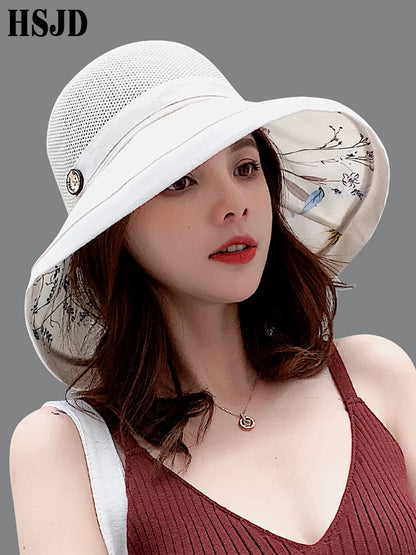 2019 Summer Summer Big Wide Brim Flower Sun klobouk pro ženy Mesh UV ochrana
