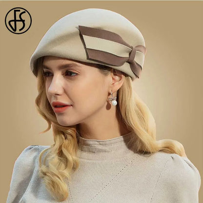 FS Vintage Leshi Franceze Bereta Kapelë Gra Fedora Black Felt Hats Winter Big Big Hark Zonja Elegante Kisha Katka