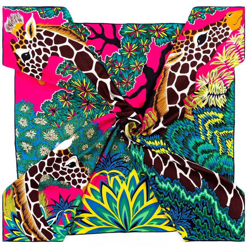 Eșarfă de mătase cu două mătase manual de mătase cu două girafe, eșarfe pătrate eșarpe echarpes foaards femme wrap bandana hijab 90cm