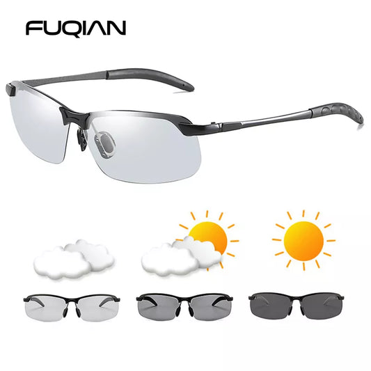 Fuqian fotokromiske solbriller menn kvinner vintage metall polariserte solbriller for mannlig nattsyn drivende solbrille
