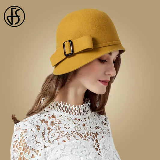 FS Women's Black Wool følte Cloche British Top Bucket Hat With Bowknot Wide Brim Bowler Fedoras Ladies Yellow Diskett Derby Hats