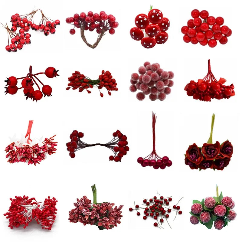 Tema vermelho Flor artificial Cherry Stamen Burries Bundle DIY Diy Decoração de Casamento Bolo de Casamento Caixa de Presente Decoração de Natal Decoração