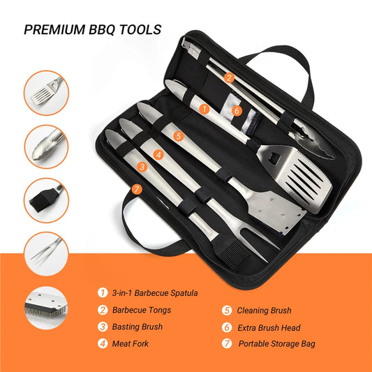 BBQGO rustfritt stål BBQ -verktøy Sett Spatula Fork Tongs Brush Portable Storage Bag Barbecue Grilling Retters Mooking Accessories