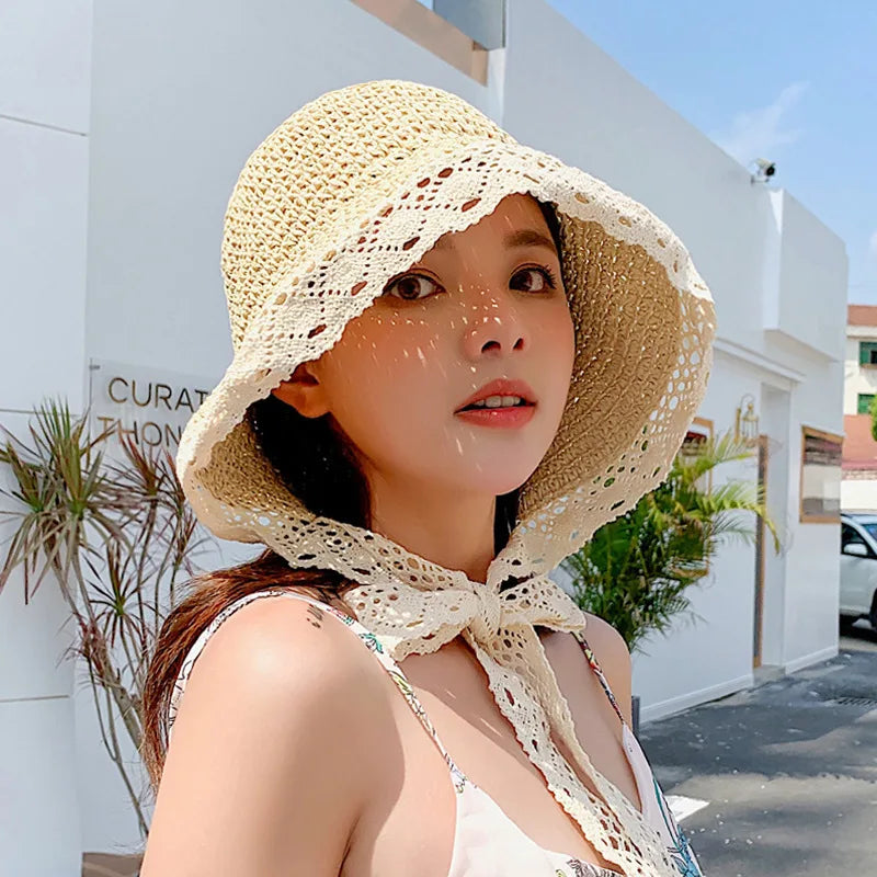 Delicatesse dame zomer buiten reizen strand strand anti uv zonnestro -hoed vrouwen kanten rand emmer hoed ouder kind zonnebrandcrème strohoed