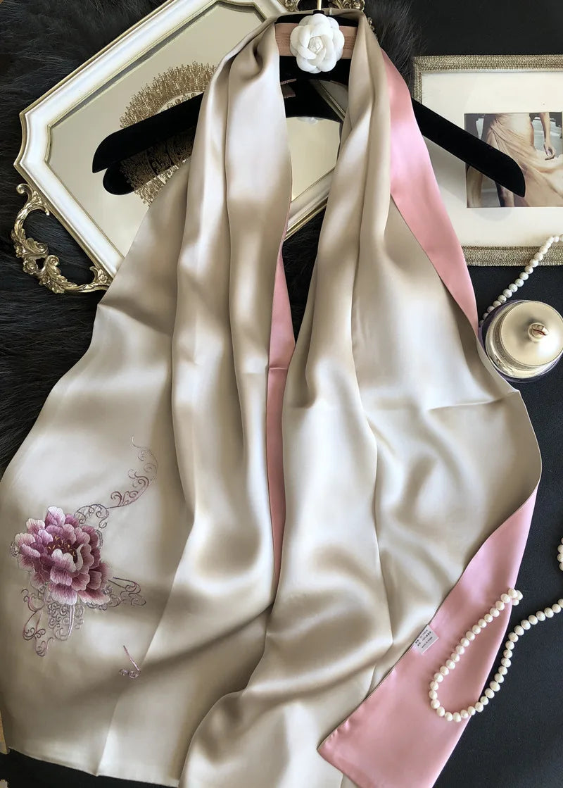 Peony 100% lenço de seda Mulheres bordadas moda elegante pashmina embrulhando um xale de lenço de seda real