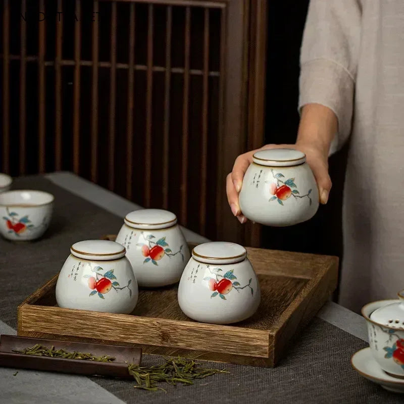Retro Ru Kiln Ceramics Tea Caddy Cute Cat Pattern Portable Sealed Tea Leaf Containers Travel Tea Bag Storage Box Spice Organizer