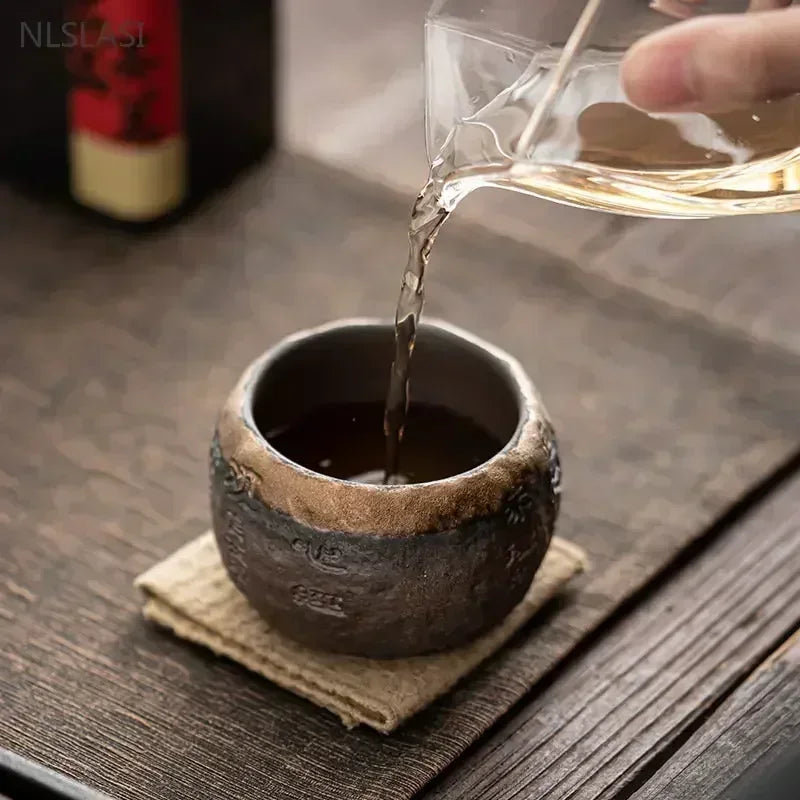 120ml Rough Pottery Handmade Relief Heart Sutra Zen Cup Ceramic Master Individual Single Cup Chinese Portable Tea Cup 1pcs