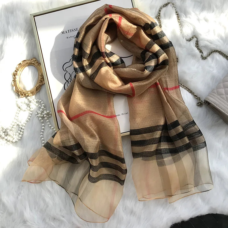 Nytt rutete skjerf Kvinners høst/vinterkoreansk utgave Allsidig Mulberry Silk Shal, Silk Wool Scarf, Long Dual Use Scarf