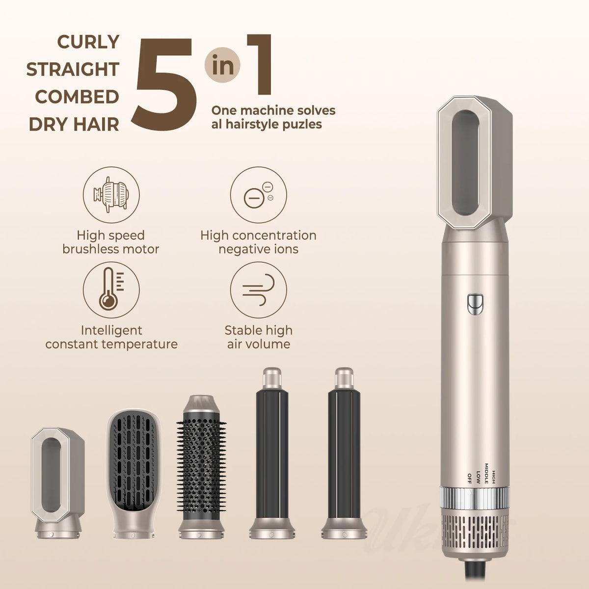 Faglegur hárþurrkur 5 í 1 hárstíl Heitt loft comb rafmagn