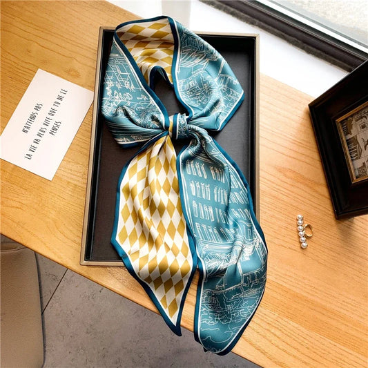 Luksus langt silke skjerf Kvinnelig dyrehest Print Tynn smalt skjerfpose Hårbånd Ribbon skjerf Kvinner halsblanding