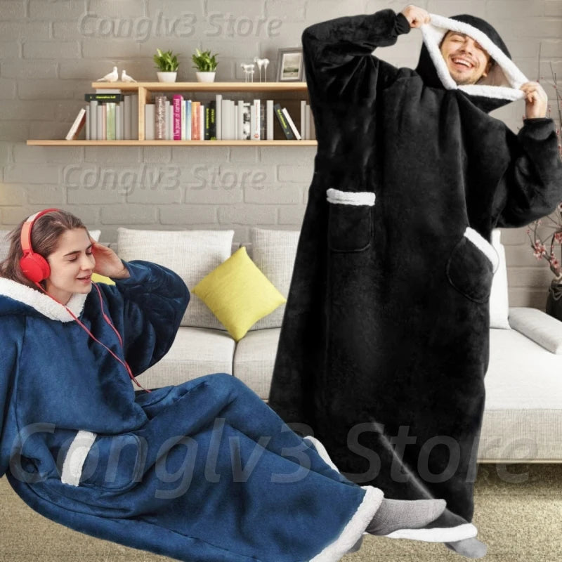 2023 Super Long Flannel Blanket with Sleeves Winter Hoodies Sweatshirt Women Men Pullover Fleece Giant TV Blanket Oversized New
