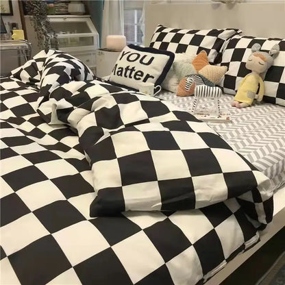 Nordic Pink Checkerboard dynetrekk sett med putevarig flatark barn jenter gutter full dronning tvillingstørrelse kawaii sengetøy sett