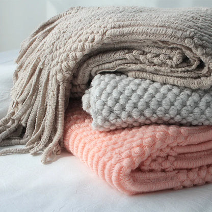 Tekstureret strikket kaste tæpper med kvaster hyggeligt vævet dekorativt boho sengetæppe til sovesofa