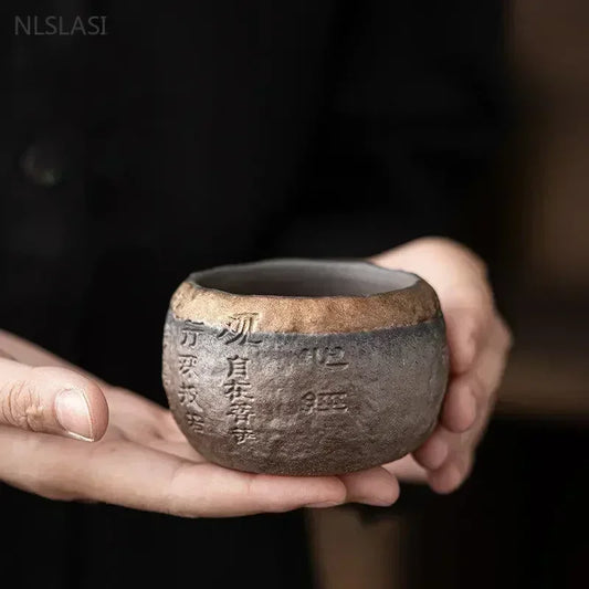 120ml Rough Pottery Handmade Relief Heart Sutra Zen Cup Ceramic Master Individual Single Cup Chinese Portable Tea Cup 1pcs
