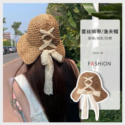 Katja e kashtës së grave Versioni Korean i markës Tide Gjithçka Japoneze Verë e Thin Style Sun Sun Hat Dantella How Hollow Out Hat