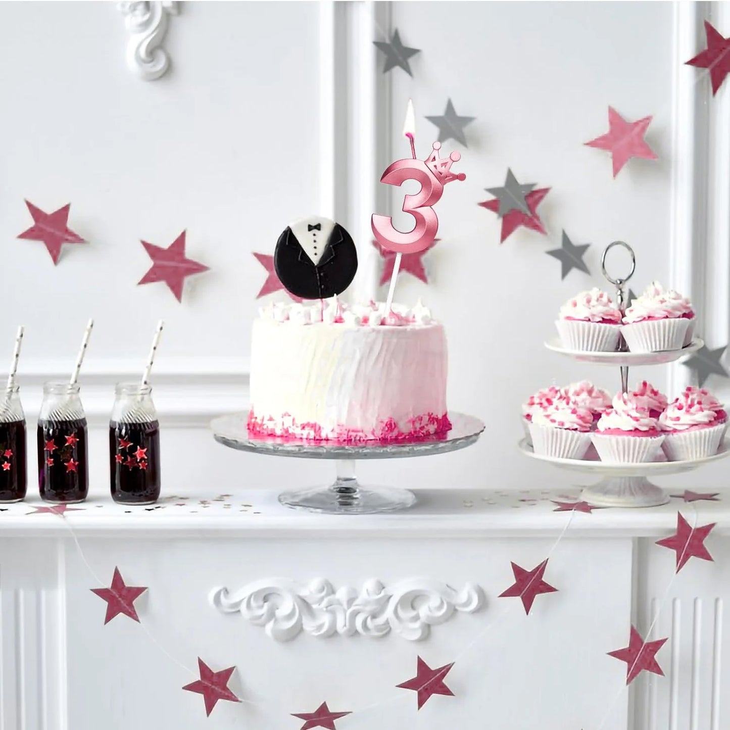 Lumânări roz 7 de naștere, 3d coroană numărul 7 tort topper numeral lumânări de ziua de naștere cu decor elegant pentru coroană pentru decorațiuni de ziua de naștere