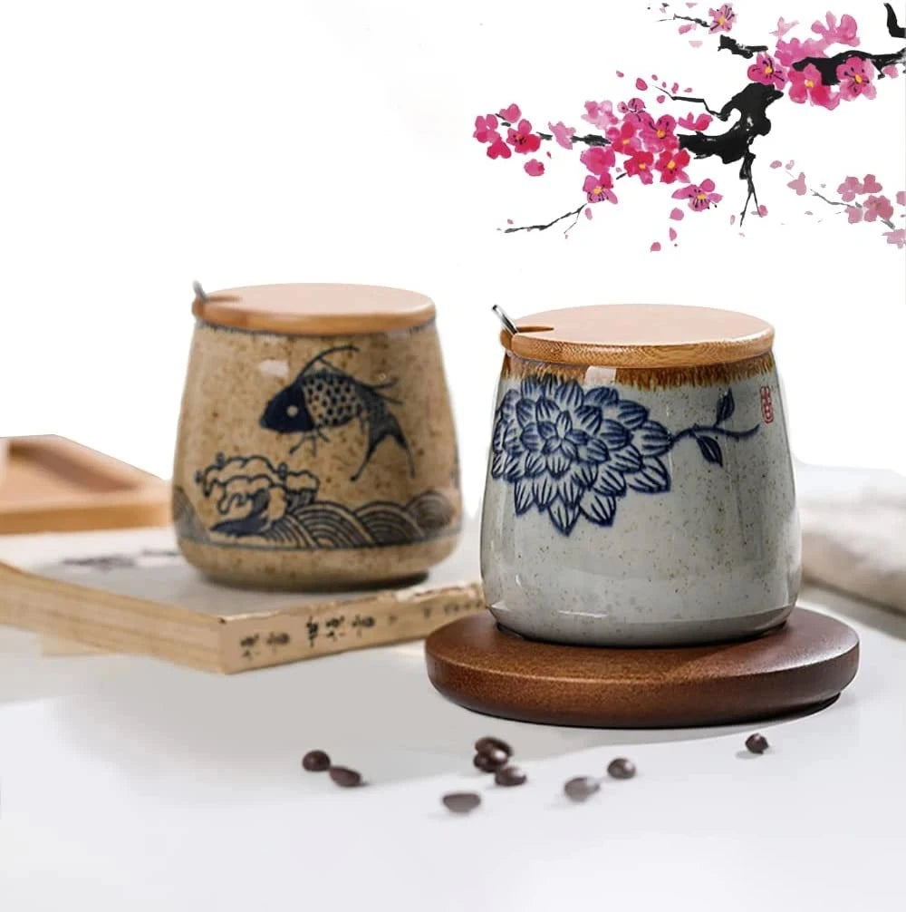 380ml Japanese Retro Style Coffee Mug With Handle Ceramic Breakfast Oats Milk Cups Home Teacup Water Mug With Lid And Spoon Gift