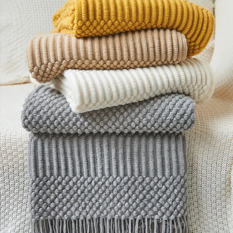 Tekstureret strikket kaste tæpper med kvaster hyggeligt vævet dekorativt boho sengetæppe til sovesofa