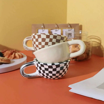 1pc Creative ceramic checkered pattern tea cup, irregular chessboard coffee cup