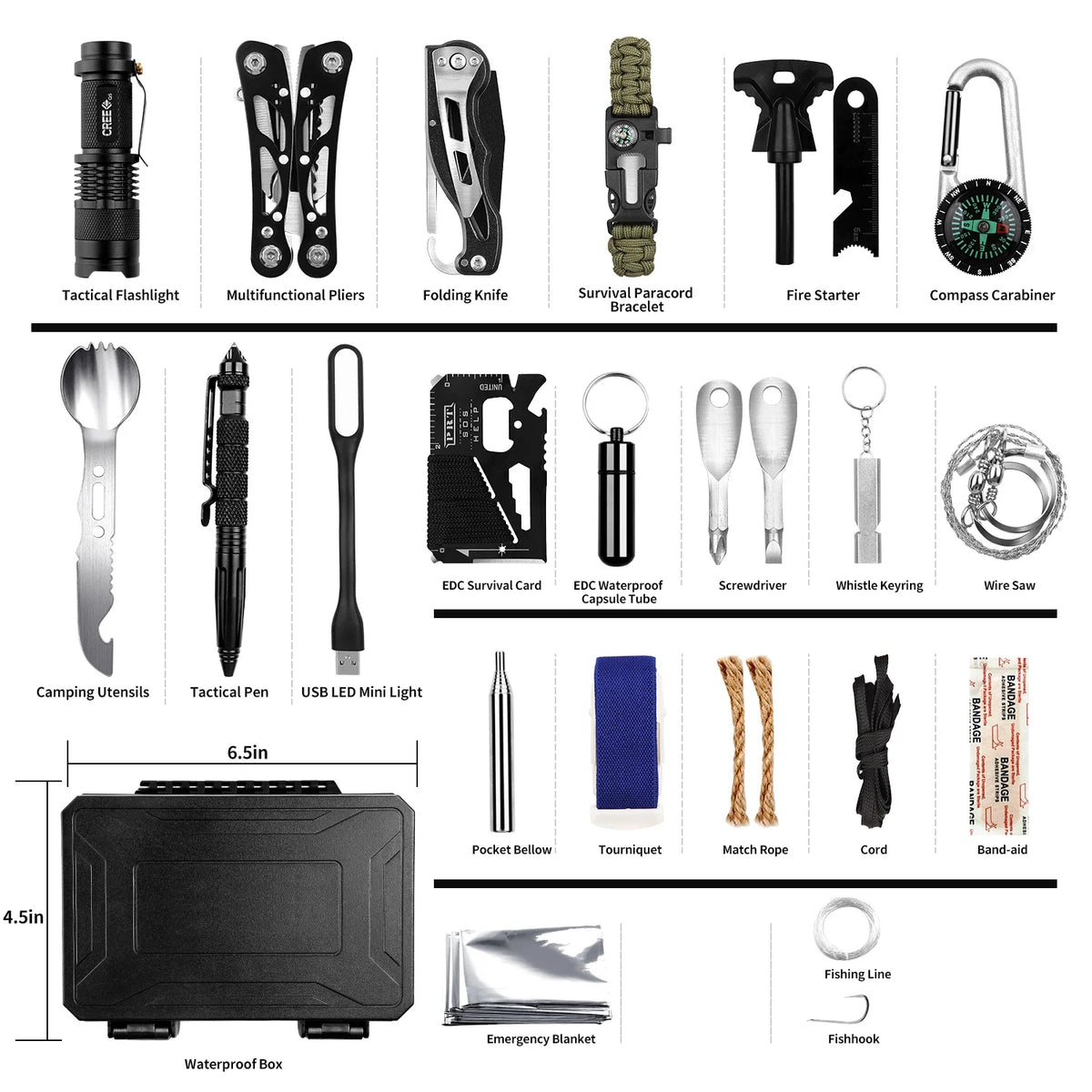 60 em 1 kit de sobrevivência multifuncional, equipamento de defesa militar de acampamento ao ar livre Primeiros socorros SOS para aventura no deserto