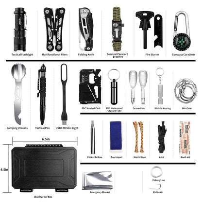 60 em 1 kit de sobrevivência multifuncional, equipamento de defesa militar de acampamento ao ar livre Primeiros socorros SOS para aventura no deserto