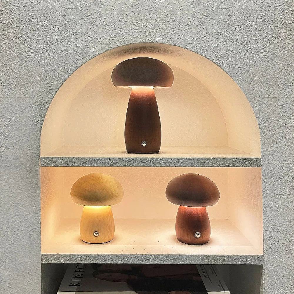 INS Wooden Creative Mushroom Night Light Stepless Dimming Bedside Table Lamp 3 Color Rechargeable Sleeping Nightlights For Room