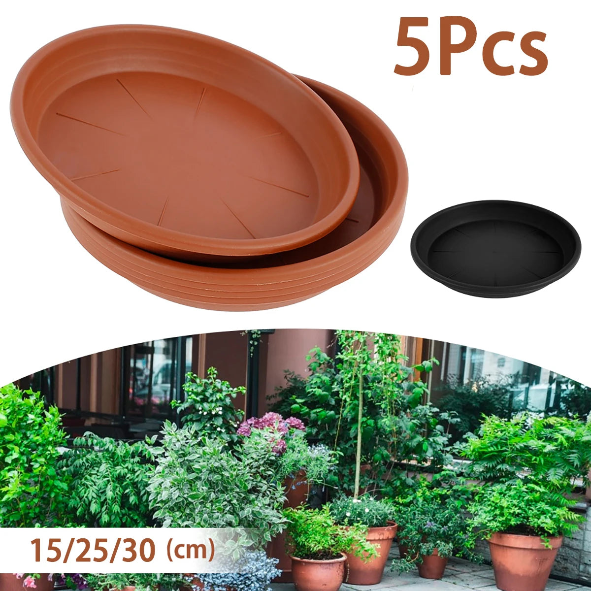 Kit de plato de planta 5pcs 6/8/12 pulgadas goteo redondo dura más gruesas bandejas de plantas de planta para suministros para el jardín para el hogar al aire libre.