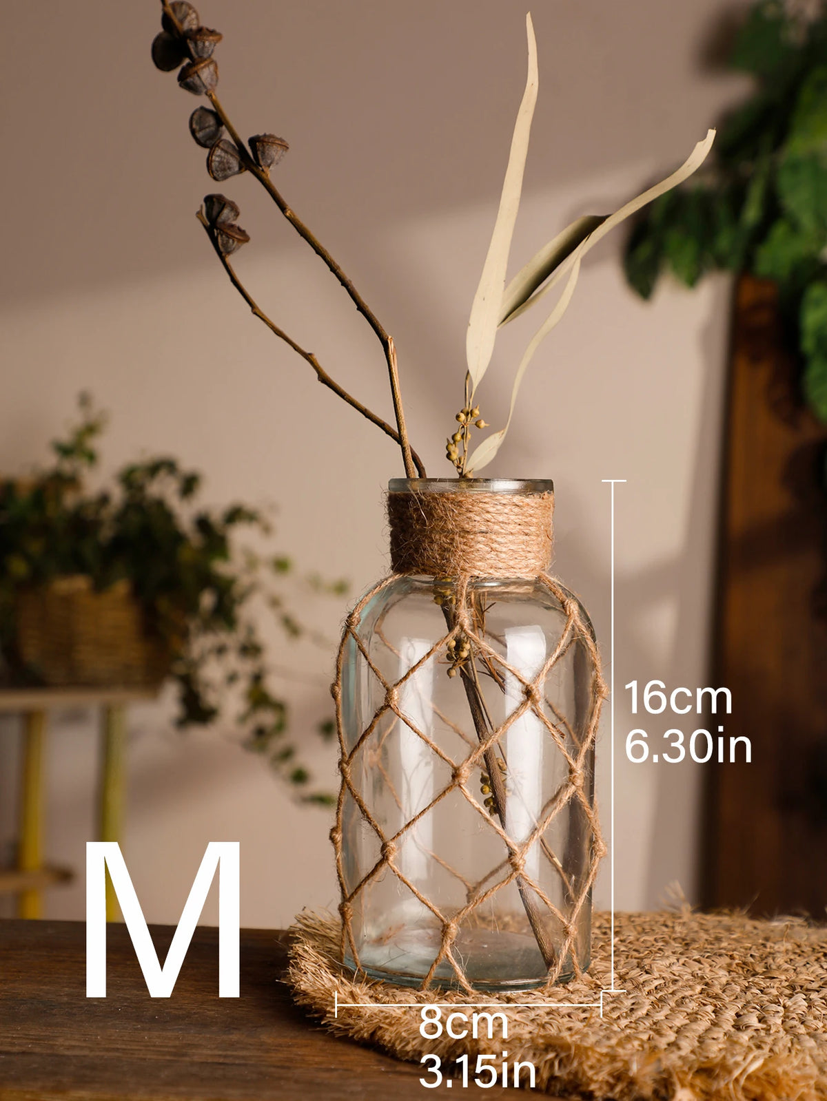 Hand Woven Hemp Rope Glass Vase Dry Flower Decor Art Glass Vase Nordic Living Room Table Decoration Bedroom Boho Home Decoration