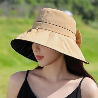 Cappello da sole con protezione UV, larghezza, versione coreana, dolce, cappello da sole per donne in estate, crema solare e versatile, cappello da bowknot