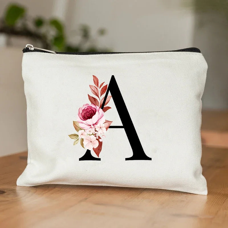Bolsa de armazenamento cosmética do alfabeto A-Z Presentes de graduação inicial para professores Flores de higieness Prind Prind Houndeation para damas de honra Presentes de casamento