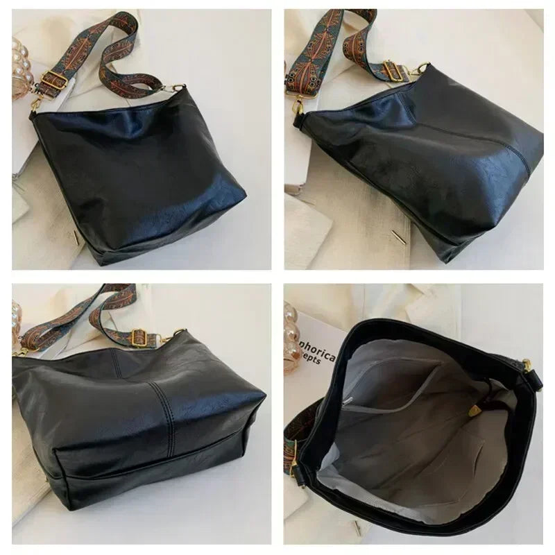 Kvinder mode skulder slynge taske vintage brun pu læder høj kapacitet enkel bred rem spand crossbody kvindelige pendlerposer