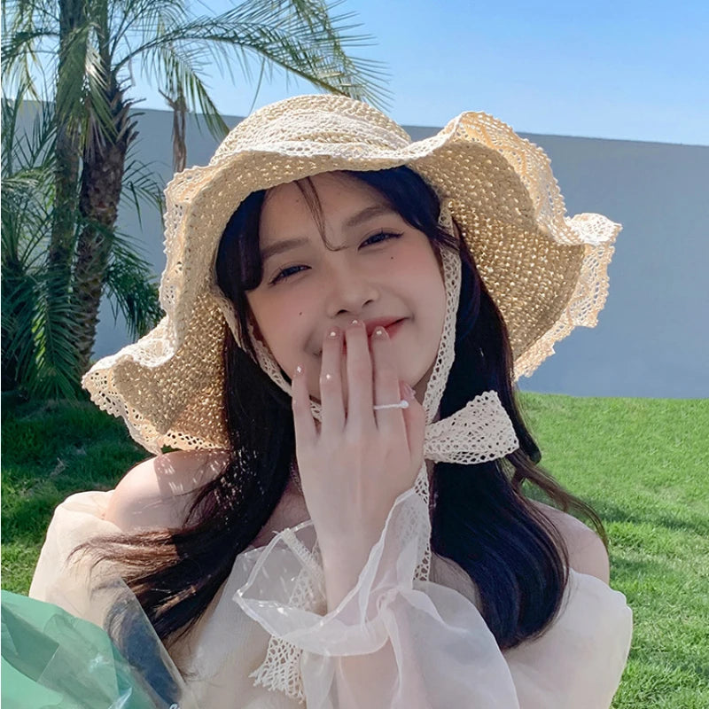 Kobiety Summer Straw Hat Foolble Sun Hat Wide Duże Brim Beach Hats Fashion Straw Hat Chapeau Femme Beach UV Cap Ochrona