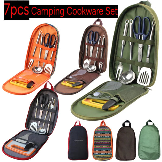 Enë portative udhëtimi të vendosura 7 copë çeliku inox kampe kuzhine gatimi i vendosur gatime për gatimin e gatimit për bagazhin BBQ Camping Picnic