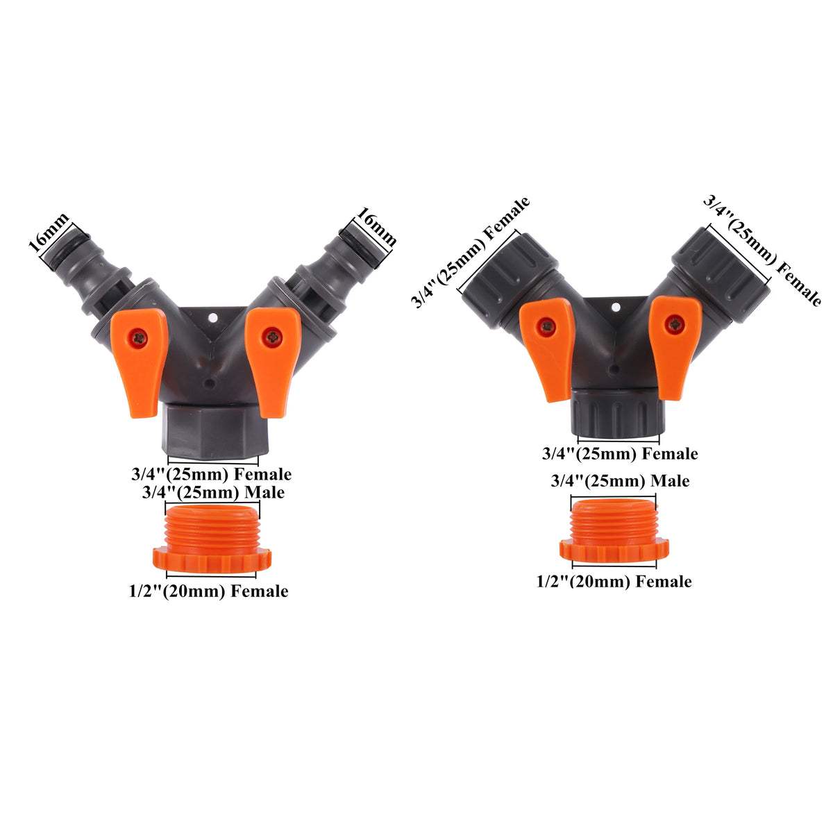 2-Way Garden Tap Water Splitter 1/2" 3/4" Female Thread Garden Hose Y Type Watering Adjustable Switch Water Controller Valve